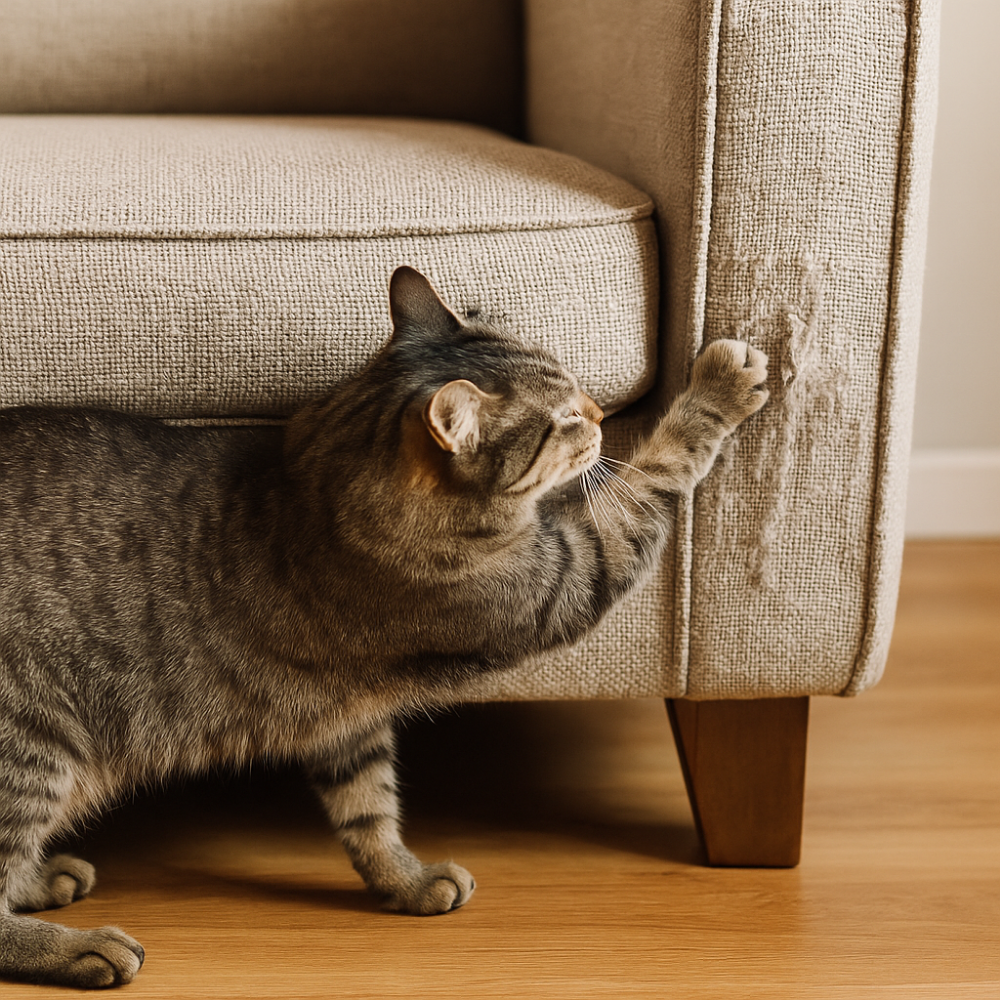 Cat scratching a sofa, illustrating the need for furniture protection